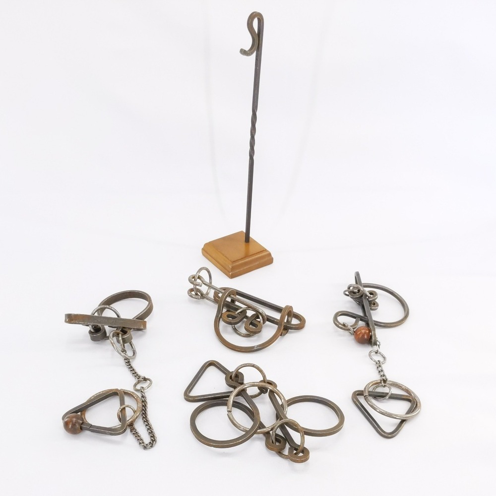 Lot of 4 Vintage Wrought Iron Tavern Teaser Puzzles w/Stand Tucker-Jones House